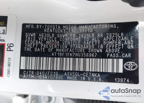 2017 Toyota Camry Le из США, поврежденный, VIN 4T1BF1FK7HU356967